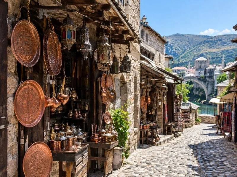 Copper shops on the Kujundžiluk bazaar street in Mostar