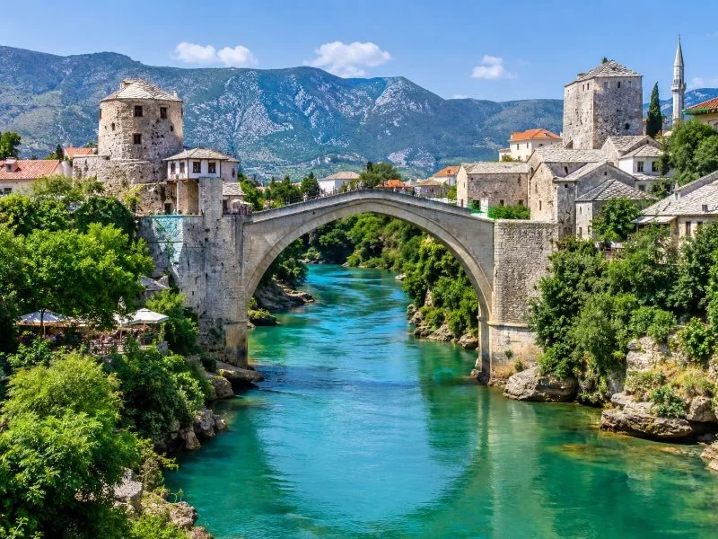 The Old Bridge in Mostar spanning the emerald Neretva river