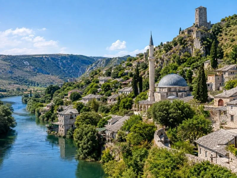 Stone houses and fortifications of Počitelj on a hillside